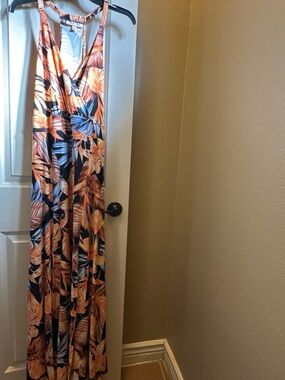 Jennifer Lopez Tropical Floral Maxi Dress in Navy, Orange and Blue